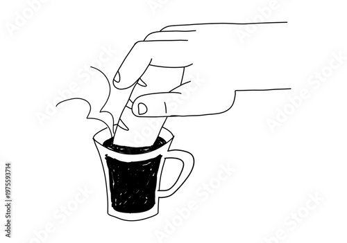 Flat minimal vector illustration of a hand dipping bread into coffee cup, Simple line art design perfect for breakfast menus.