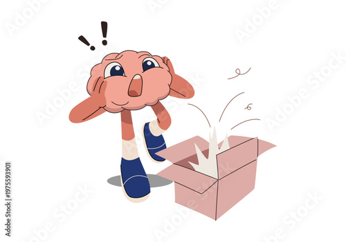 Brain character showing a surprised and shocked expression. amazement, Flat vector design illustration.