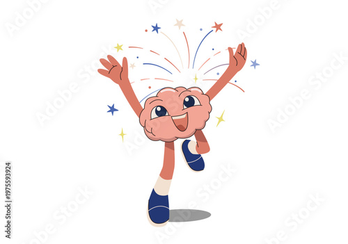 Brain character jumping for joy. Positive emotion. Motivation and happy life concept. Flat vector design illustration.