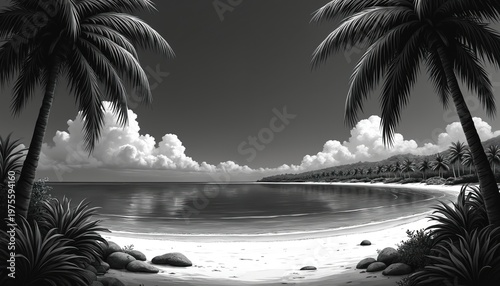 Black and white illustration of a tropical beach with palm trees, calm ocean water, and white sand. Rich green foliage frames the foreground, leading to a distant tree-lined coast under a cloudy sky.