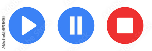 Media control icon set with play pause and stop buttons in colored style. Video player UI,  Audio playback and streaming control icons for apps, web interfaces and multimedia design symbols