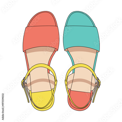 Colorful open toe sandals with coral and teal straps, isolated on a white background, featuring a vibrant summer style with yellow ankle straps