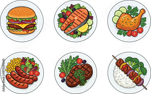 Dinner and lunch meal collection with various meat dishes, flat vector CAD drawing illustration