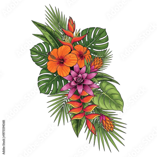 Vibrant Tropical Floral Arrangement Featuring Hibiscus and Heliconia with Lush Greenery