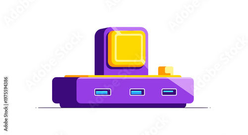 Colorful docking station with multiple ports, isolated on a bright white background, featuring vibrant purple and yellow design