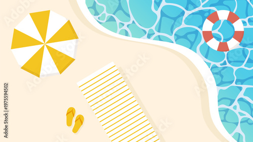 夏の海のイラスト　砂浜　ビーチパラソル　うきわ