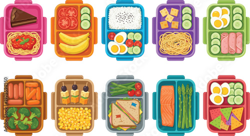 Healthy lunch box meal collection for kids, colorful bento box set, flat vector CAD drawing illustration