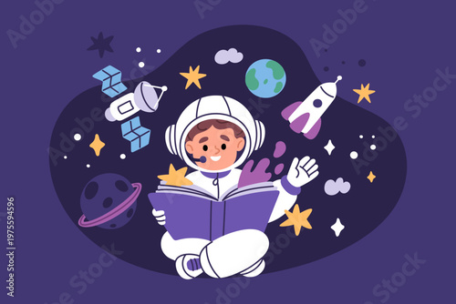 Reading space book. Funny boy reads about cosmos adventures, child in spacesuit fantasizes, astronautic adventures, science learning and education, garish vector cartoon isolated concept