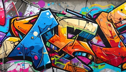 A vibrant and dynamic graffiti artwork with colorful letters and shapes