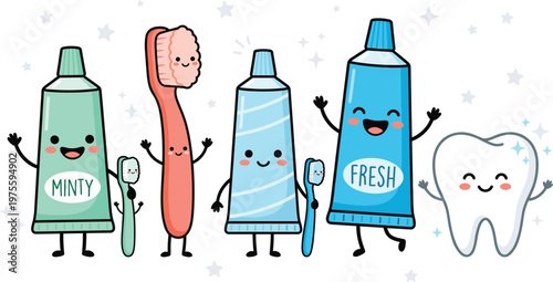 Cute, dental, care, characters, set, with, toothpaste, tubes, toothbrush, and, tooth, isolated, vector, illustration