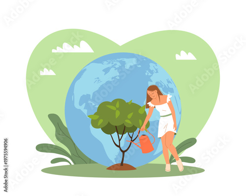 Love of nature. Woman waters tree, concern for environment, save planet earth, sustainability and global ecology, plants growth support and protection vector cartoon flat isolated concept