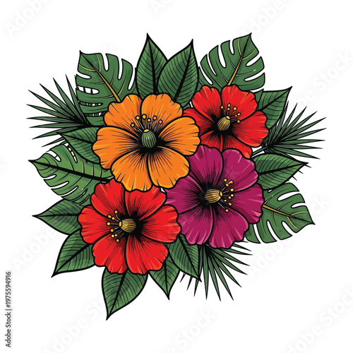 Vibrant tropical floral illustration featuring exotic hibiscus blossoms surrounded by lush green foliage, perfect for summer designs and decorative botanical themes