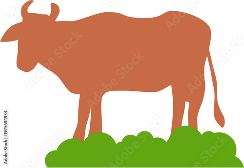 Simple brown cow illustration standing on green grass. Flat design vector graphic of a farm animal, isolated on white background.