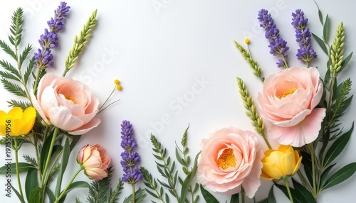 Soft pastel pink peonies and yellow ranunculus flowers with lavender sprigs and green leaves on white background. Minimalist botanical composition for elegant invitations, cards, or website design.