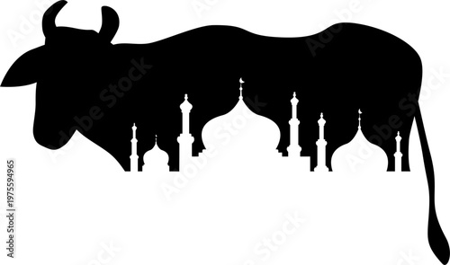 Indian Cultural Cow Silhouette with Temple and Minaret Skyline