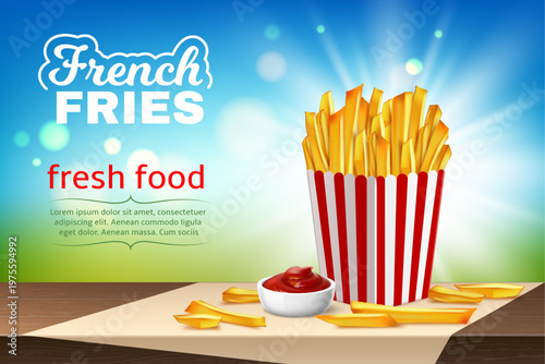French fries. Cardboard package with deep fried potato bars and ketchup, fast food web banner design, product presentation menu, realistic isolated elements, advertising template, vector concept