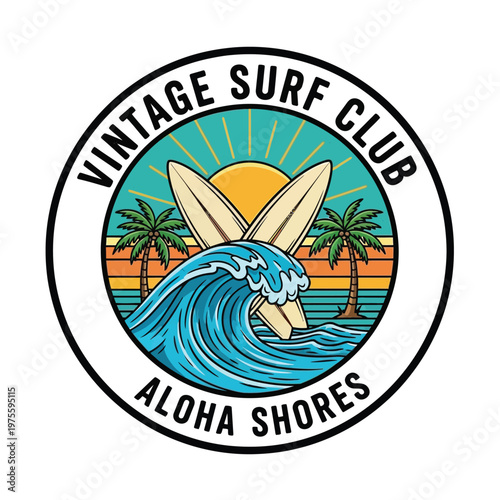 Retro surf club emblem showcasing a vibrant tropical beach scene with crashing ocean waves, a brilliant sunset, and classic surfboards, perfect for an adventurous summer vibe