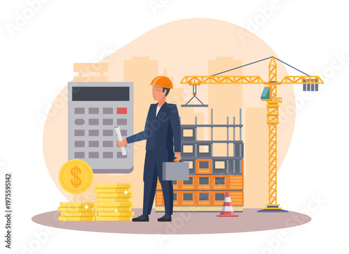 Construction costs. Calculation of cost of building materials and works, finance investment, budgeting and financial planning for build project with engineer vector cartoon isolated concept