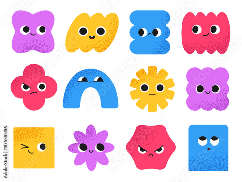 Comic characters with textured. Geometric simple shapes with funny faces, smiling and evil mascots, emoji shapes bright elements, childish bright icons, classy vector cartoon isolated set