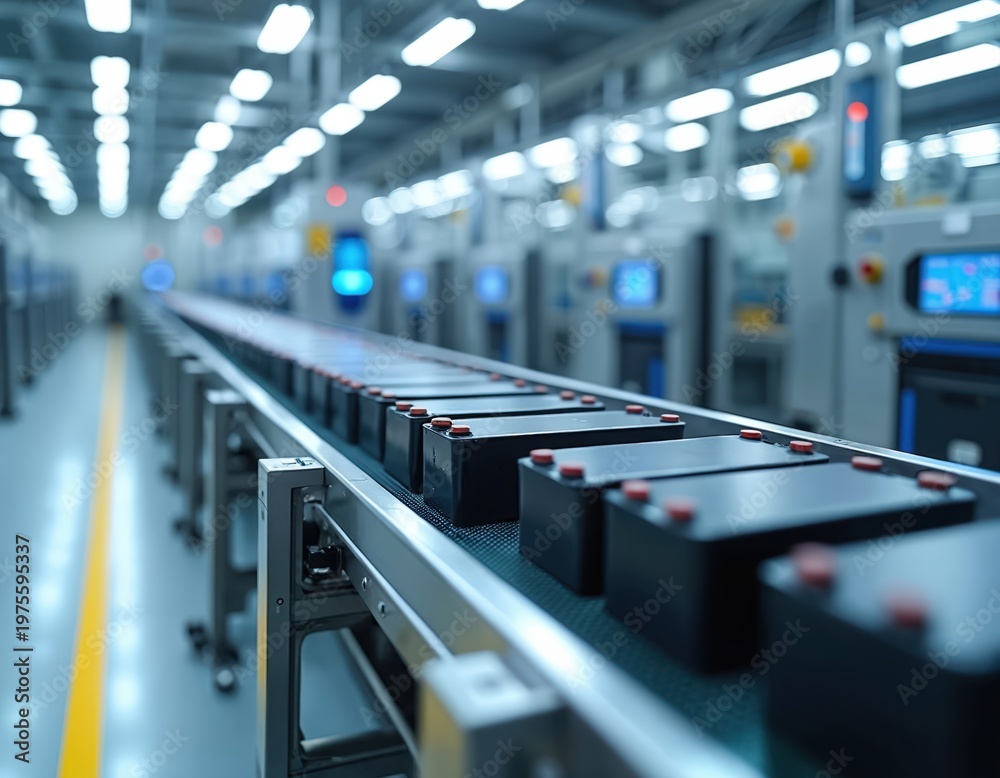 Fototapeta premium Automated battery production line with conveyor belt. Modern factory assembly process for energy storage components. Efficient manufacturing equipment, robotics, and futuristic technology.