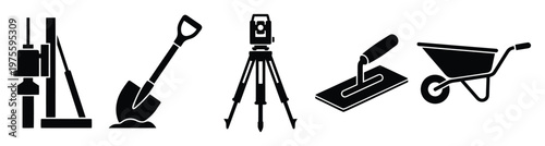 A versatile collection of fundamental construction and surveying equipment symbols, featuring a drill, shovel, theodolite, trowel, and wheelbarrow, ideal for illustrating various industrial