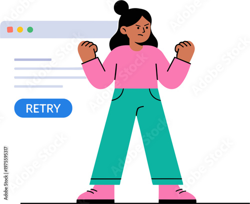 A woman is standing with fists clenched in front of a computer screen.