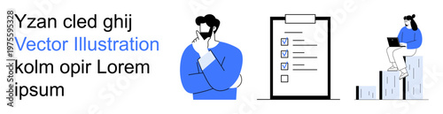 Business planning, productivity, strategy, analysis, brainstorming, workflow management. A man thinking, a checklist and a person analyzing data. Business planning and productivity concept