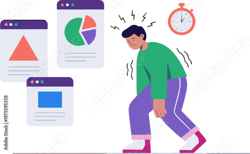 A stressed man analyzes data on multiple screens with a clock nearby