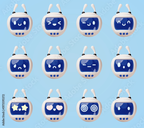 Cartoon 3d robot emoji. Funny android character with different emotions, cute little humanoid character face, various mood, chatbot assistant, artificial intelligence classy vector render set