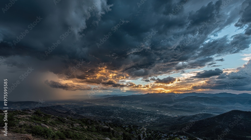 Obraz premium Dramatic Sunset Sky Over Cityscape with Approaching Storm Clouds and Distant City Lights