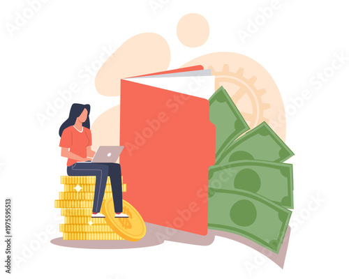Business consultant. Female accountant works remotely, freelancer keeps financial records, business finance, budgeting and money planning for savings vector cartoon flat style isolated concept