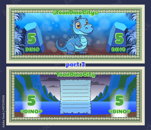 Vector cartoon colored beautiful game banknotes, coupons or flyers. Obverse and reverse. Cute little smiling baby toon dinosaur rex or blue dragon. Denomination five dino. 5. Stones mountains. Part 3