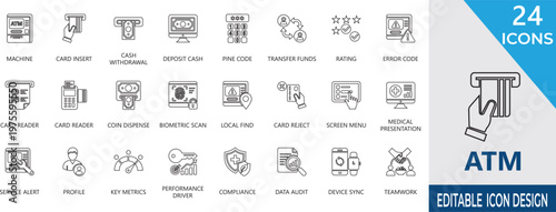 Automated teller machines editable line icon set .  Cash Withdrawal, teamwork, finance, payment, currency,  crypto, and more icon.