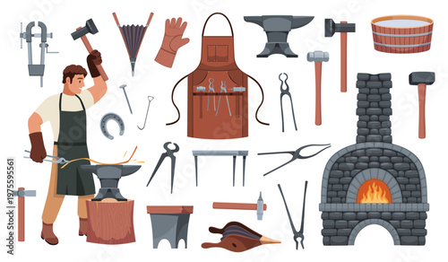 Blacksmith tools. Cartoon strong man in apron hits hammer on anvil, steel and metal products making, professional character craftsman with anvil, furnace, tongs and hammers, tidy vector set