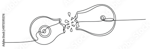 Continuous line drawing of two light bulbs breaking apart in a collision, symbolizing a clash of ideas or a breakdown for business presentations and motivational content