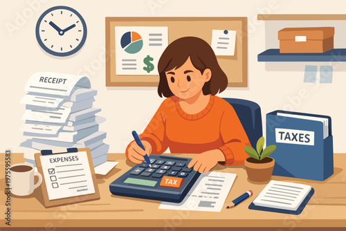 Woman Checking Bills and Calculating Tax Flat Design