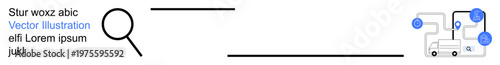 Logistics, data analysis, supply chain optimization, digital systems, delivery tracking, e-commerce. Magnifying glass zooming into connected nodes and transport. Logistics and data analysis concept