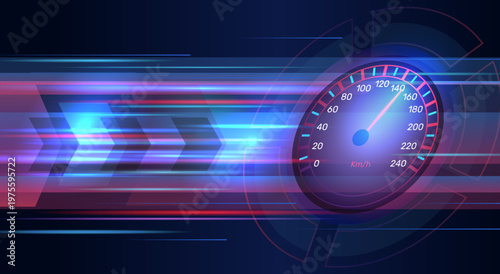 Speedometer background. Glowing dial with arrow and measuring scale, futuristic design, car velocity tablo, futuristic dashboard, neon technology banner design, qualitative vector concept