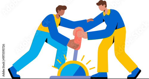 Two men in blue and yellow outfits pulling a rope tied to a sun