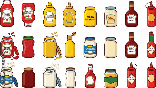 Condiment, bottle, and, jar, set, with, ketchup, mustard, mayonnaise, bbq, and, hot, sauce, isolated, vector, illustration