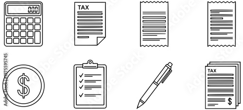 Business finance icons including calculator, tax documents, and money