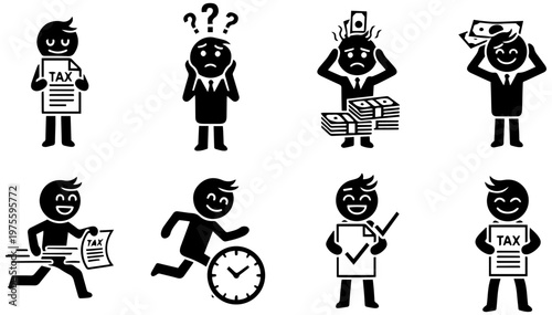 Stressful tax season characters in various emotional states