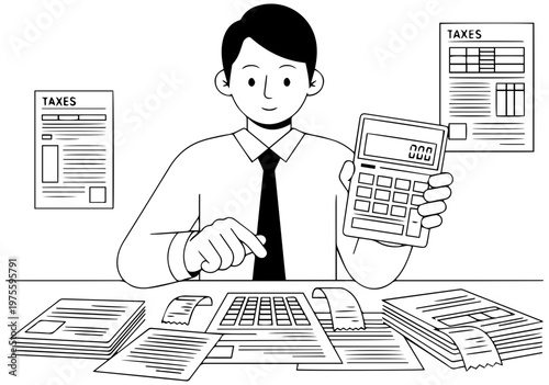 Businessman calculating taxes at office desk with papers and calculator