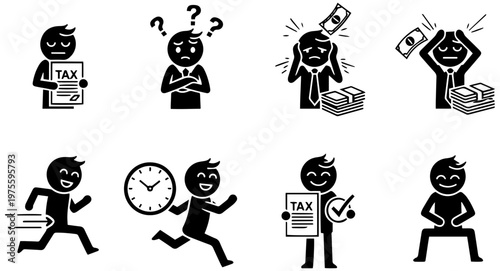 Stressful tax season characters in various emotional states