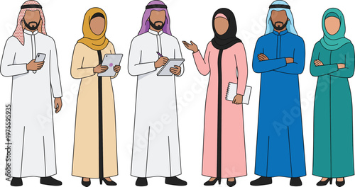 Arab, business, people, set, with, men, in, thobe, and, women, in, abaya, and, hijab, isolated, vector, illustration