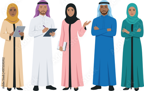 Arab, business, people, set, with, men, in, thobe, and, women, in, abaya, and, hijab, isolated, vector, illustration