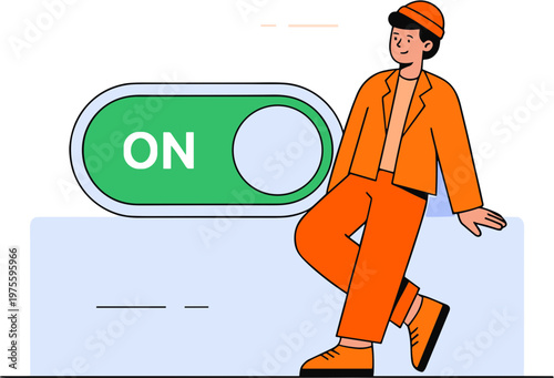 Man in orange suit stepping on a large green switch button
