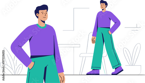 Two men standing in a modern office with purple shirts and green pants