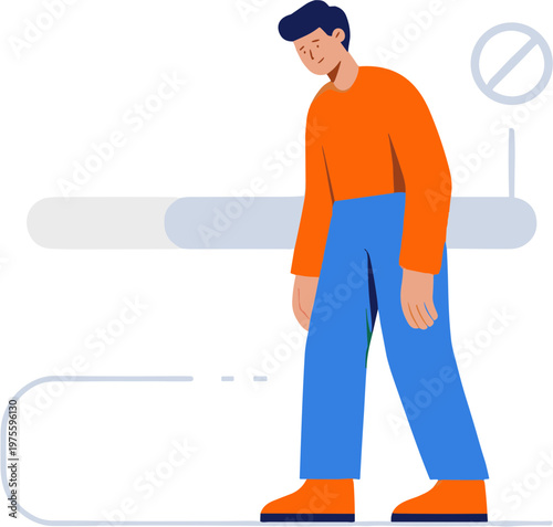 The man is standing alone in a restricted area looking down.