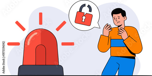 Man reacts to security alert with a padlock on a red siren light